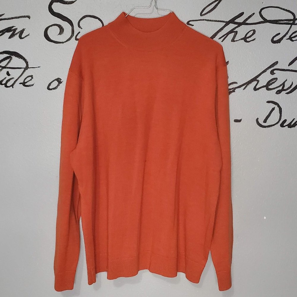 Murano Orange  Sweater Mens Merino Wool Mock Neck Long Sleeve Sweater, XL